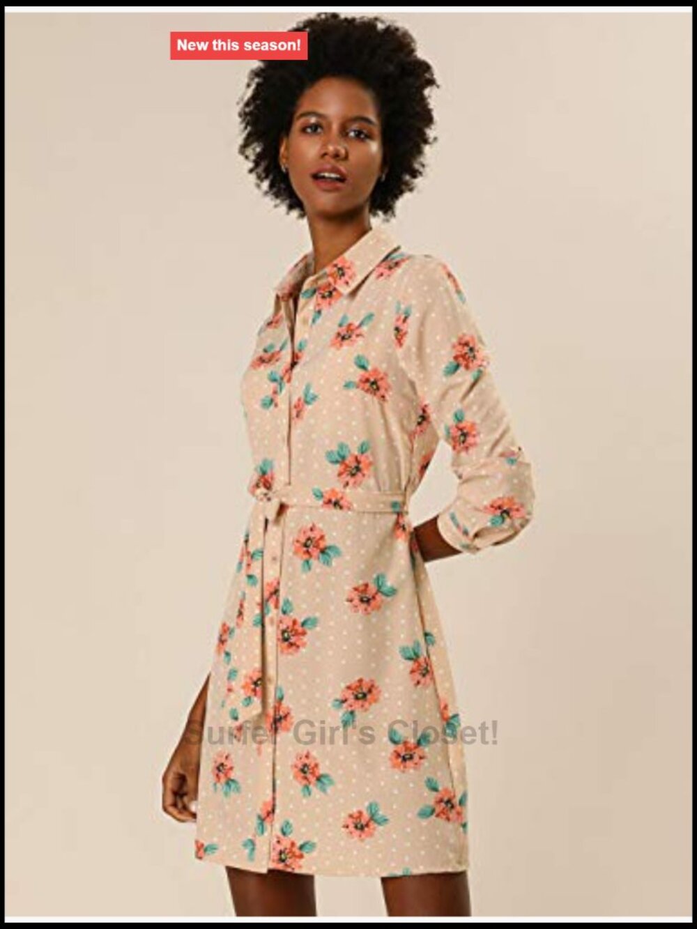 Vintage Polka Dot Floral Print Shirt Dress Long Sleeve Tie Belt - Picture 3 of 6
